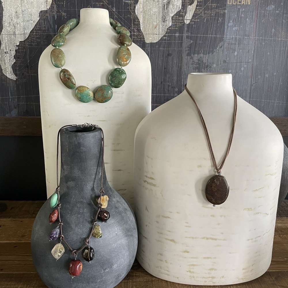 3 pc Vtg TD Designs Corded Leather Gemstone Chunky Green Turquoise Necklace Lot